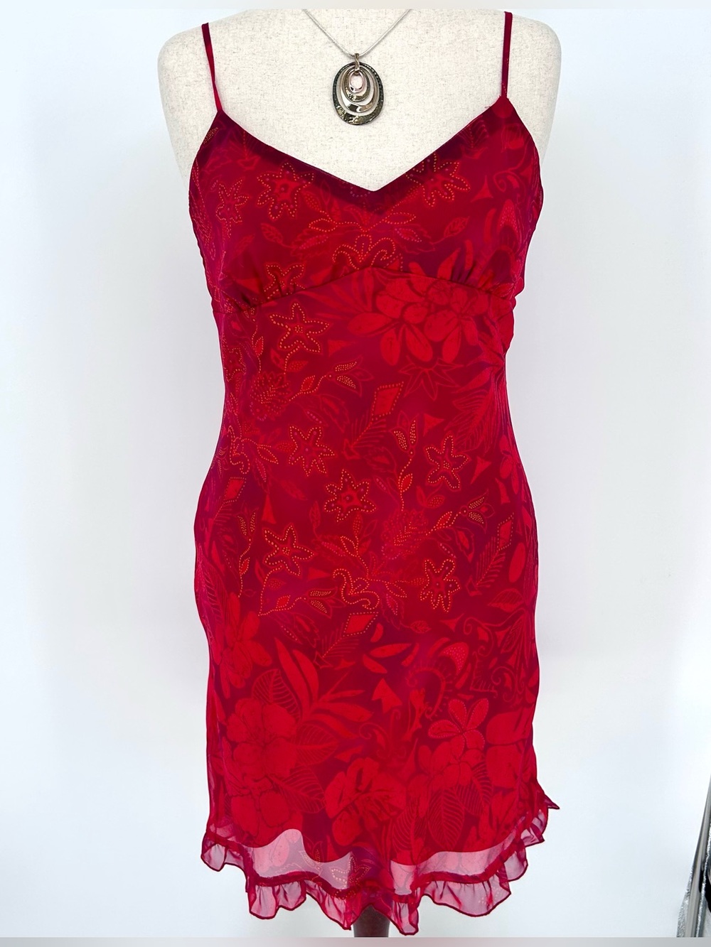 Vintage Red Sheer Slip Dress Floral Ruffle Hem Y2K Fairy Grunge Mini